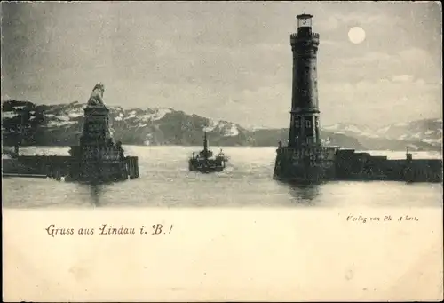 Mondschein Ak Lindau am Bodensee Schwaben, Hafeneinfahrt, Leuchtturm