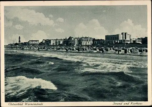 Ak Ostseebad Warnemünde Rostock, Strand und Kurhaus, Wellengang