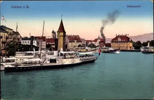 Ak Lindau am Bodensee Schwaben, Hafenpartie, Dampfschiffe