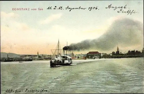 Ak Konstanz am Bodensee, Blick vom See aus, Dampfschiff