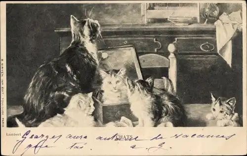 Künstler Ak Lambert, Chats, Spielende Katzen, Kätzchen auf einem Tisch