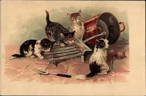 Künstler Ak Vier junge Katzen spielen mit Kochutensilien