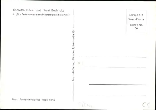 Ak Schauspieler Liselotte Pulver und Horst Buchholz, Portrait