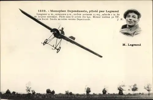 Ak Monoplan Deperdussin, pilote par Legrand, Flugpionier