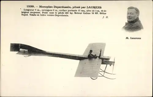 Ak Monoplan Deperdussin, pilote par Laurens, Flugpionier