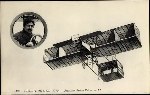 Ak Circuit de l'Est 1910, Rigal sur Biplan Voisin, Doppeldecker, Flugpionier