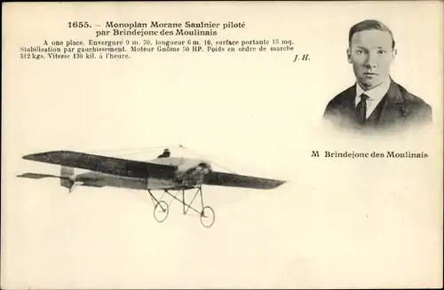 Ak Französisches Flugzeug, Flugpionier, Monoplan Morane Saulnier pilote par B. des Moulinais
