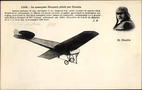 Ak Französisches Flugzeug, Flugpionier, Monoplan Nieuport, pilote par Nimelia
