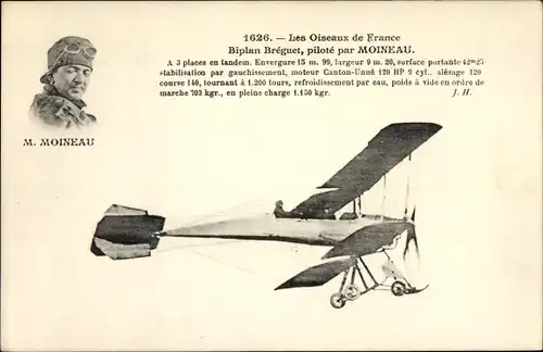 Ak Les Oiseaux de France, Biplan Bréguet, piloté par Moineau