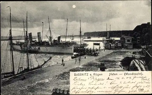 Ak Sassnitz auf Rügen, Hafen, Mondnacht