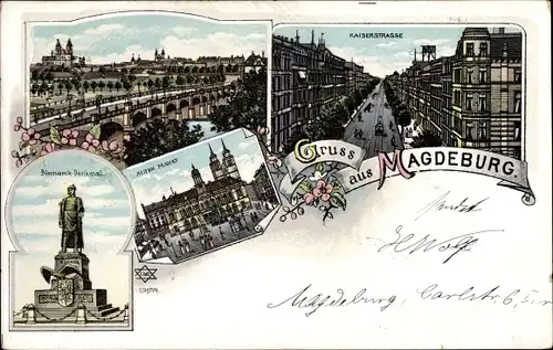 Litho Magdeburg in Sachsen Anhalt, Brücke, Kaiserstraße, alter Markt, Bismarckdenkmal