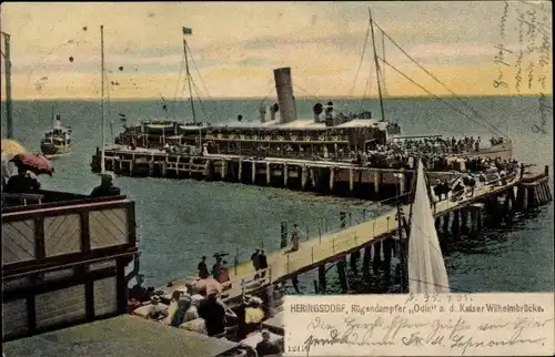 Ak Ostseebad Heringsdorf auf Usedom, Rügendampfer Odin a. d. Kaiser Wilhelm Brücke