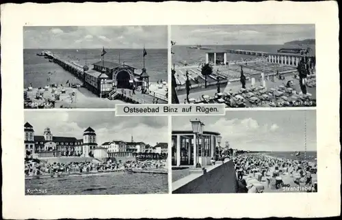 Ak Seebad Binz auf Rügen, Seebrücke, Blick vom Kurhaus, Strandleben