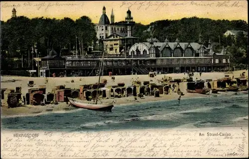 Ak Ostseebad Heringsdorf auf Usedom, Am Strand-Casino, Strandkörbe, Boot