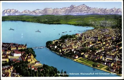 Ak Konstanz am Bodensee, Rheinausfluss mit Schweizer Alpen