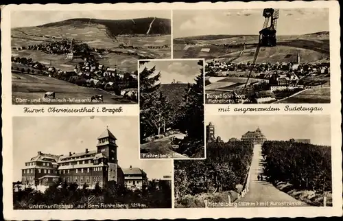 Ak Oberwiesenthal im Erzgebirge, Fichtelberg, Böhmisch Wiesenthal, Unterkunftshaus, Seilbahn