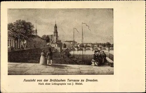 Künstler Ak Dresden, Aussicht von der Brühlschen Terrasse, Nach einer Lithographie von J. Riedel