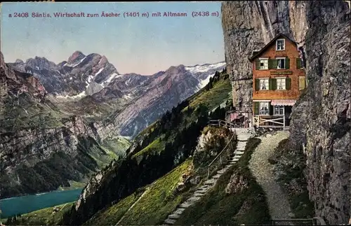 Ak Halbkanton Appenzell Außerrhoden, Berg Säntis, Wirtschaft zum Äscher mit Altmann