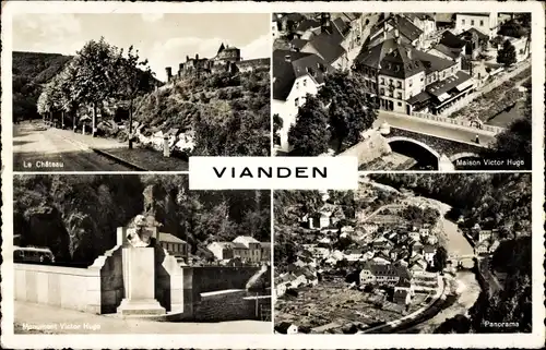 Ak Vianden Luxemburg, Blick zum Château, Hugodenkmal