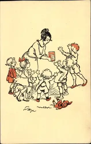 Künstler Ak Poulbot, Frau mit Kindern, Dose, Essen, Puppe
