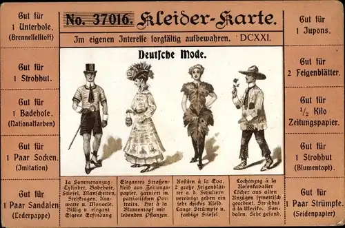Ak Deutsche Mode, Kleiderkarte, Bezugsschein Feigenblätter, Zeitungspapier, Badehose Nationalfarben