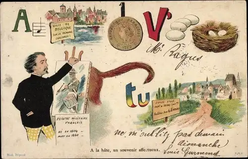 Litho Rebus, Bilderrätsel, Maler, Vogelnest, Hundeschwanz