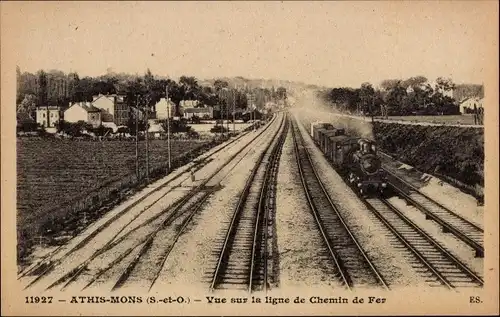 Ak Athis Mons Essonne, Vue sur la ligne de Chemin de Fer, Dampflok