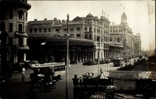 Foto Ak Singapur, Collyer Quay, Oberleitungsbus, Kolonialgebäude