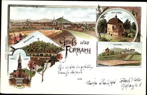 Litho Forbach Lothringen Moselle, Kreuzkapelle, Kreuzberg, Schlossberg, Kath. Kirche