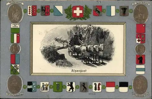 Präge Wappen Ak Schweiz, Alpenpost, Postkutsche