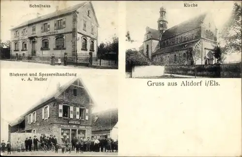 Ak Altorf Altdorf Elsass Bas Rhin, Schulhaus, Kirche, Bäckerei und Spezereihandlung von A. Heller