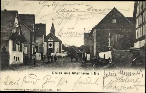 Ak Altenheim Elsass Bas Rhin, Straßenpartie, Wohnhäuser, Kirche