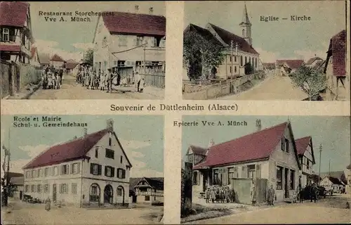 Ak Duttlenheim Elsass Bas Rhin, Kirche, Restaurant, Schul- und Gemeindehaus, Epicerie A. Münch