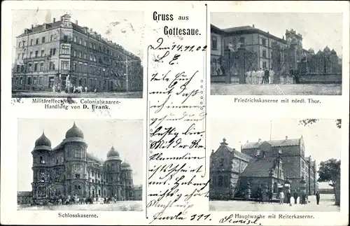 Ak Karlsruhe in Baden, Gottesaue, Schlosskaserne, Friedrichskaserne mit nördlichem Tor