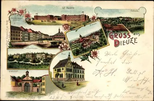 Litho Dieuze Duss Duß Lothringen Moselle, Post, Infanterie-Kaserne, Offizierhäuser