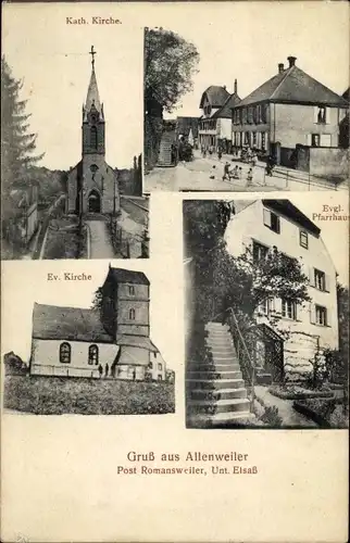 Ak Allenwiller Allenweiler Elsaß Bas Rhin, Katholische Kirche, Evangelische Kirche, Pfarrhaus