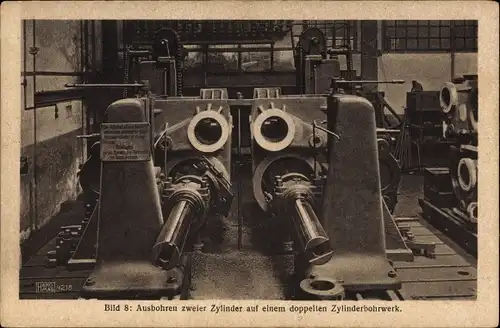 Ak HANOMAG Hannover Linden, Herstellung eines Lokomotiv Dampfzylinders, doppeltes Zylinderbohrwerk