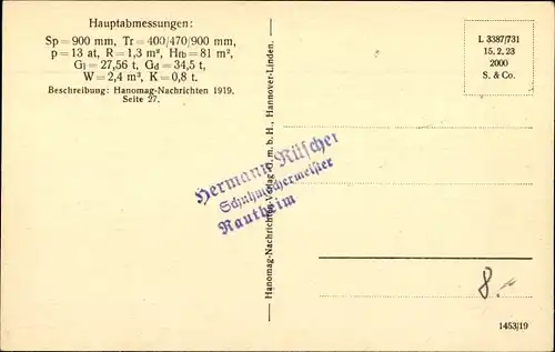 Ak Schmalspurige C-Zwilling Nassdampf Tenderlokomotive für Hüttenbetrieb, HANOMAG Hannover Linden