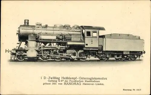 Ak 1 D-Zwilling Heißdampf Güterzuglokomotive Gattung G 8.2 der Preußischen Staatsbahnen, 1921