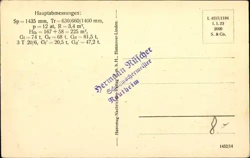 Ak 1 D-Zwilling Heißdampf Güterzuglokomotive Gattung G 8.2 der Preußischen Staatsbahnen, 1921