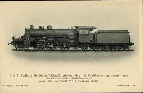 Ak 1 C 1-Zwilling Heißdampf Schnellzuglokomotive der Oldenburgischen Staatseisenbahnen, 1917
