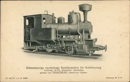 Ak Schmalspurige Baulokomotive für Holzfeuerung, Spumabas