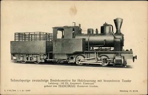 Ak Schmalspurige Baulokomotive für Holzfeuerung mit besonderem Tender, Eisenopal