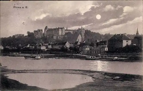 Mondschein Ak Pirna Elbe Osterzgebirge, Panorama mit Schloss und Raddampfer