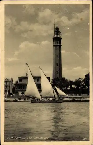 Ak Port Said Ägypten, The lighthouse, Blick auf den Leuchtturm, Segelboot
