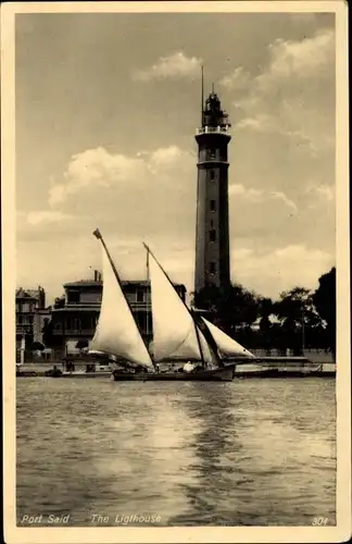 Ak Port Said Ägypten, The lighthouse, Blick auf den Leuchtturm, Segelboot