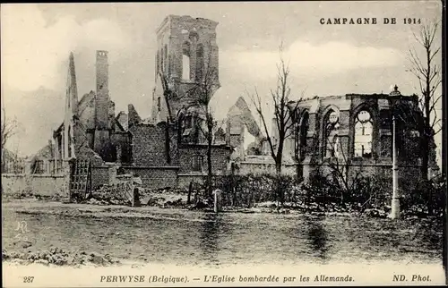 Ak Pervijze Pervyse Diksmuide Dixmude Westflandern, L'Église bombardée par les Allemands