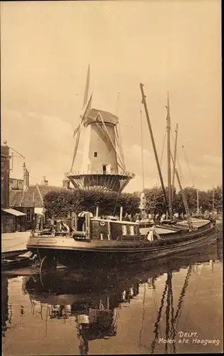 Ak Delft Südholland Niederlande, Molen a/d Haagweg, Windmühle, Binnenschiff