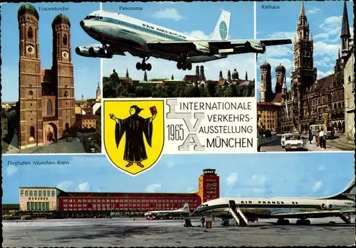Ak München, IVA 1965, Flughafen Riem, Passagierflugzeug Air France, Rathaus, Frauenkirche, Wappen