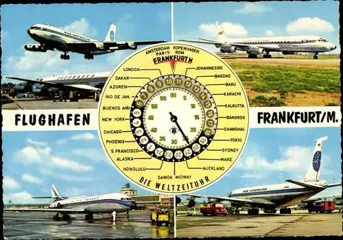 Ak Flughafen Frankfurt am Main, Passagierflugzeuge Air France, Pan American, Weltzeituhr